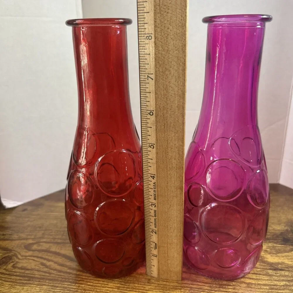 Vintage DPS Circles Vases Red Pink Dots Pair Set 8.5in Retro Mid Century Glass